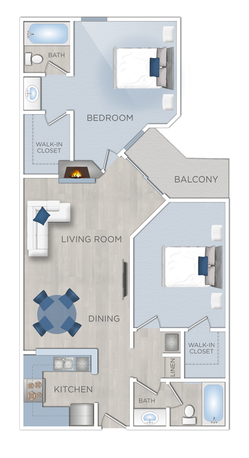Floor plan for 1 bed, 1 bath, 934 sqft